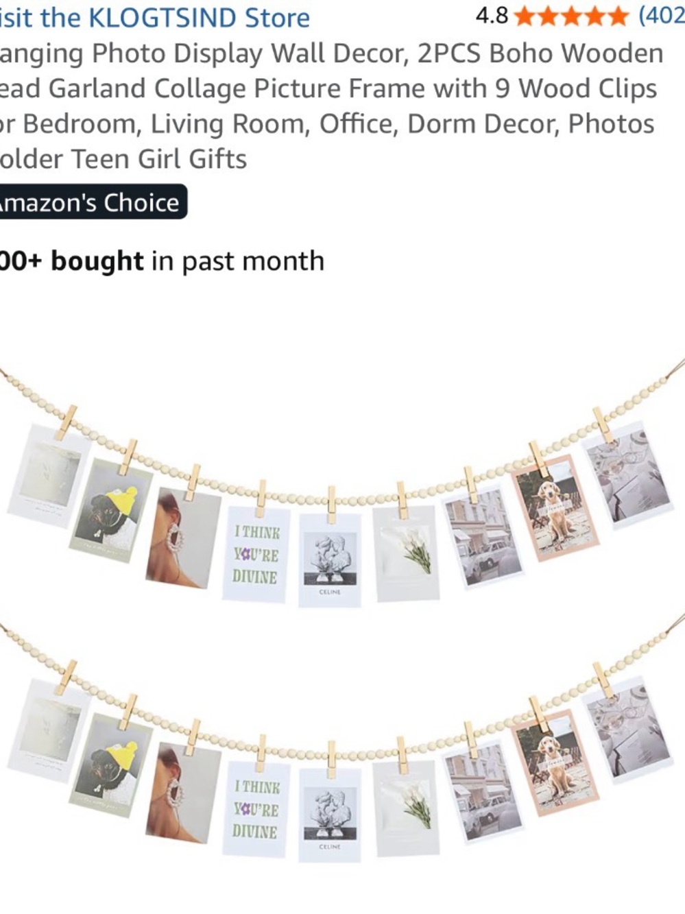 Boho Wooden Bead Photo Garland with Clothespins - Natural